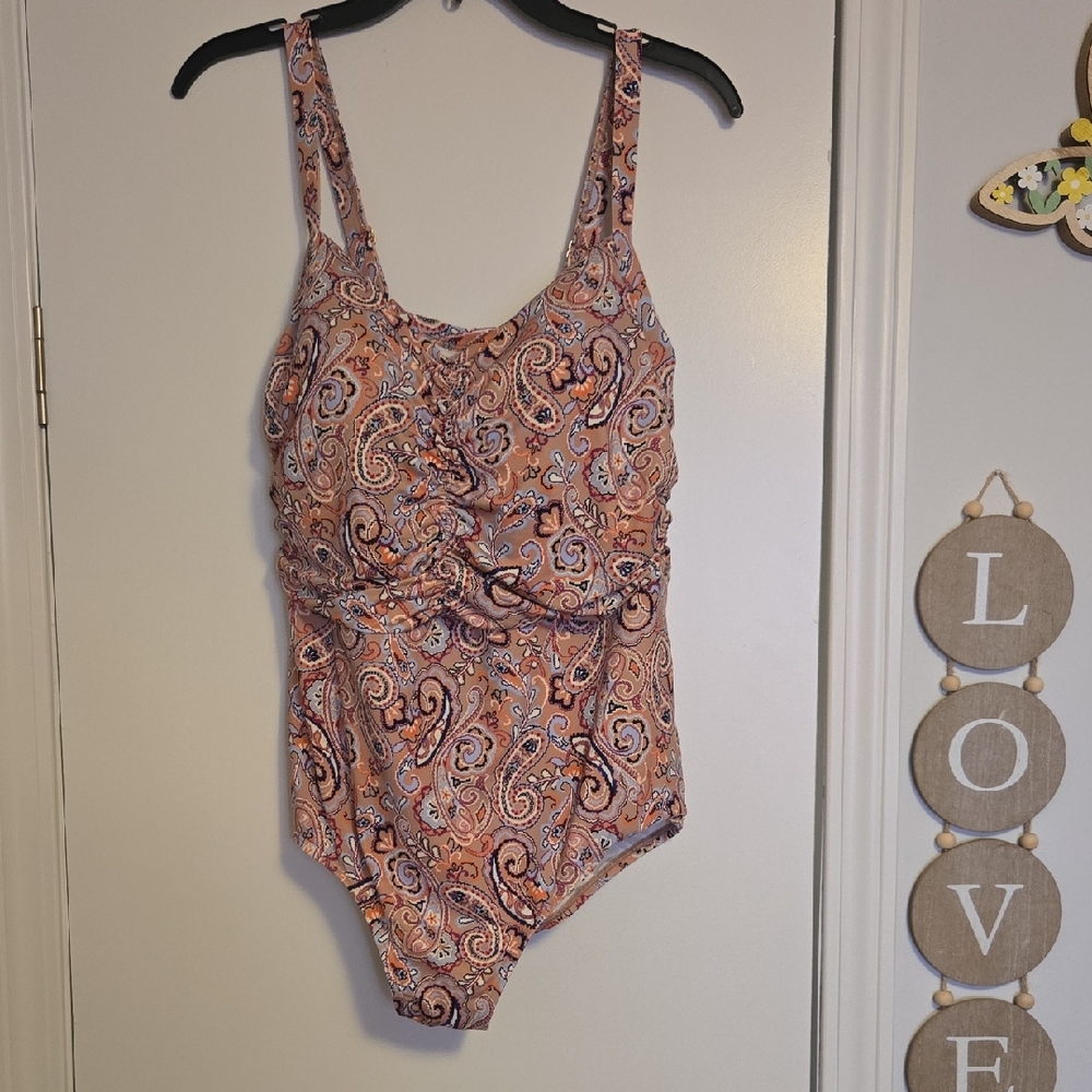 Lands' End Rust-Peach Textured Fabric Swimsuit Label Image
